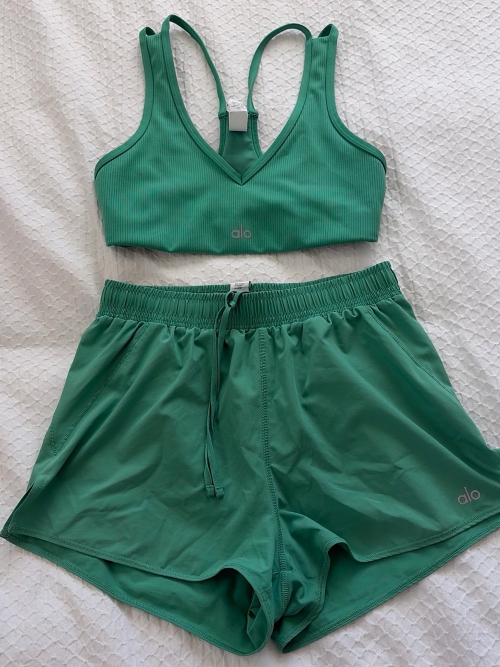 ALO Yoga Green Ribbed V‑Neck Sports Bra and Matching Shorts